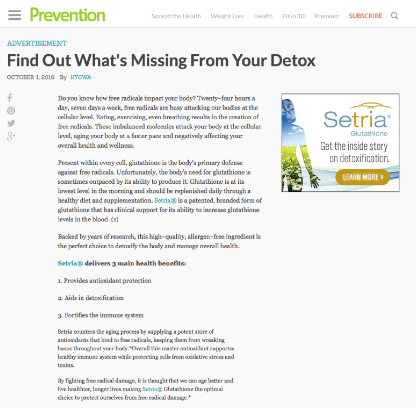Setria on Prevention.com
